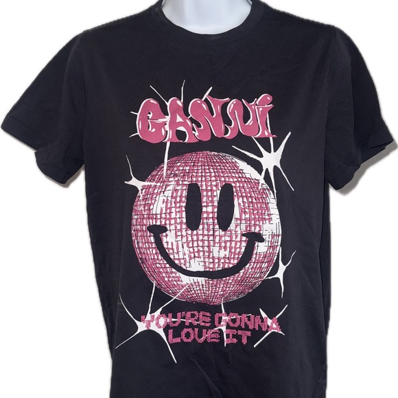 Ganni Black Tee with Pink Disco Smiley Graphic - Picture 2 of 2